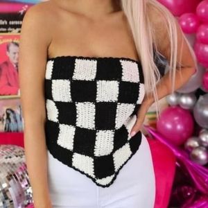 Black and White Checkered Strapless Tie Top